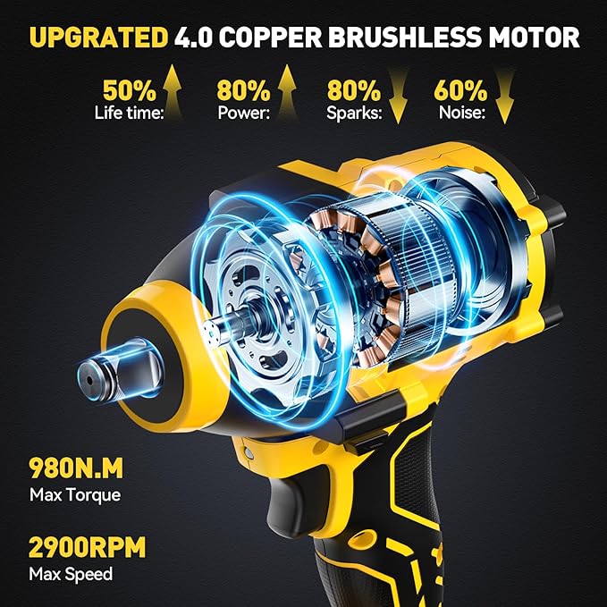 XGOLD DEVONIC Cordless Impact Wrench,750Ft-lb(980N.m) Brushless Impact Gun,2900RPM High Torque Impact Wrench,1/2 Inch with 3 Models,Charger & 6 Sockets, Power Impact Driver for Car Home