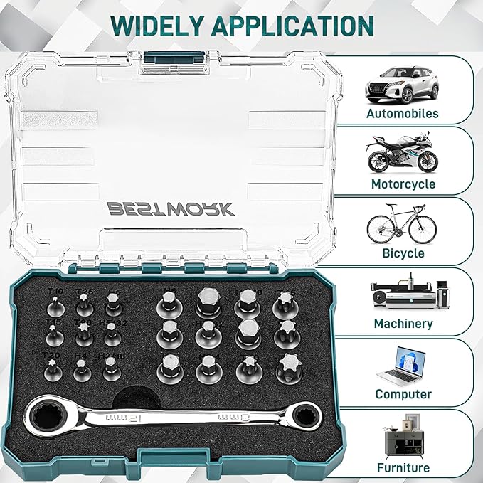 22-Piece Mini Ratchet Wrench Screwdriver Bit Set, 72 Tooth 12mm & 8mm Double Box End Ratcheting Wrench with Low Profile Insert Bits (Hex & Torx) for Tight Space
