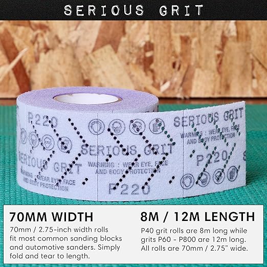 Serious Grit 220 Grit Hook & Loop Ceramic Sandpaper Roll - 70mm x 12m Multi-Hole Dustless Abrasive Roll for Automotive, Wood, and Metal Sanding - Ideal for Body Repair and Paint Preparation