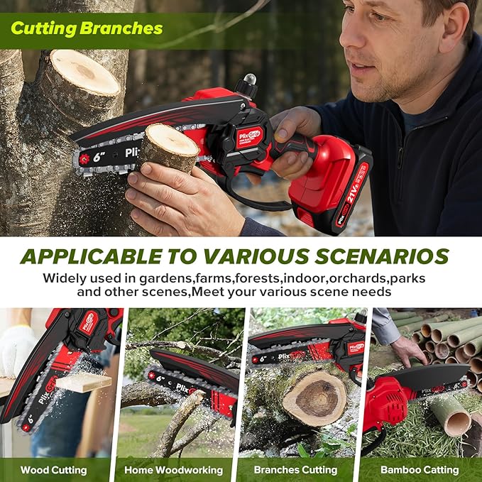 Mini Chainsaw, 6 Inch Cordless Electric Chainsaw, Handheld Chain Saw - Portable Pruning Shears for Tree Branches, Courtyard, Household and Garden - Gift for Men, Dad, Husband, Women（Red）