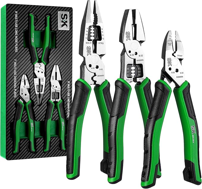SK 3-Piece Pliers Set, 8-Inch Multi-use Noodle Nose Pliers, 7-Inch Multi-use Diagonal Pliers and 8-Inch Multi-use Linesman Pliers, CR-V Construction, Anti-slip Handle, with EVA Foam Tool Organizer