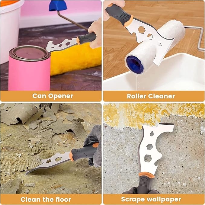Putty Knife Set Paint Scraper 16-in-1 Multifunctional Tool Kit Soft Grip Handle for Scraping Taping Hammer Nut Wrench Screw Bits