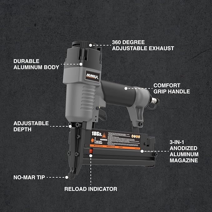 NuMax Pneumatic 3-in-1 Nail Gun | 16 GA & 18 GA Finish Nailer, Brad Nailer, Stapler | Multi-Purpose Air Tool for Trim, Moulding, Baseboards, Furniture, and Home Improvement Projects | SL31