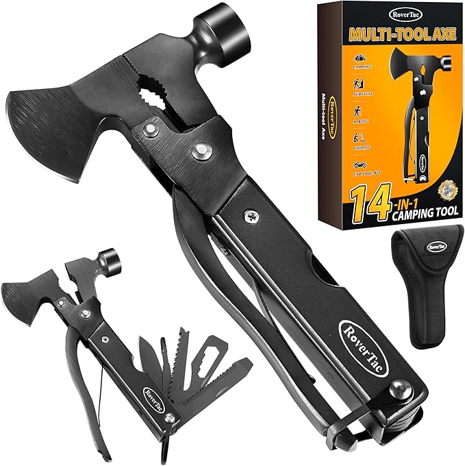 RoverTac 14-in-1 Multitool Camping Axe ??Multi Tool with Knife, Hammer, Saw, Screwdrivers, Bottle Opener ??Camping Tool with Sheath ??Tool Gifts for Men, Dad, Husband, and Outdoor Enthusiasts.