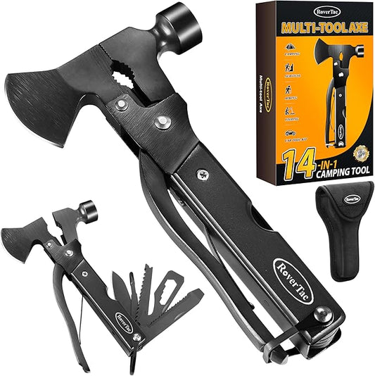 RoverTac 14-in-1 Multitool Camping Axe ??Multi Tool with Knife, Hammer, Saw, Screwdrivers, Bottle Opener ??Camping Tool with Sheath ??Tool Gifts for Men, Dad, Husband, and Outdoor Enthusiasts.