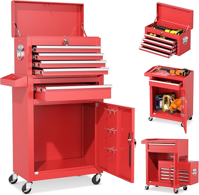 INTERGREAT Rolling Tool Chest, 5-Drawer Tool Box Organizer w/Lockable Wheels & Sliding Drawers & Detachable Top, Tool Storage Cabinet for Garage Workshop (Red)
