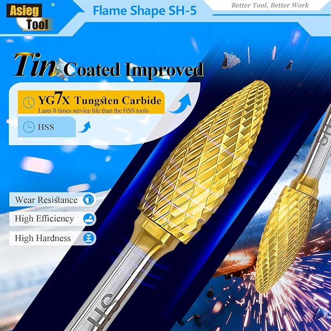 SH-5 5pcs Tungsten Carbide Burr TiN Rotary File Flame Shape Double Cut with 1/4''Shank for Die Grinder Drill Bit
