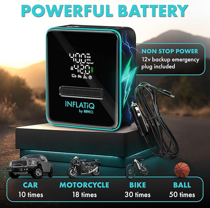 INFLATiQ by RIMiQ Portable Tire Inflator Air Compressor ??Twice as Fast QwikFlow Technology with Auto Shut-Off ??11.1V Rechargeable Air Pump with Metal Gears and Premium Carry Case (2 Pack)