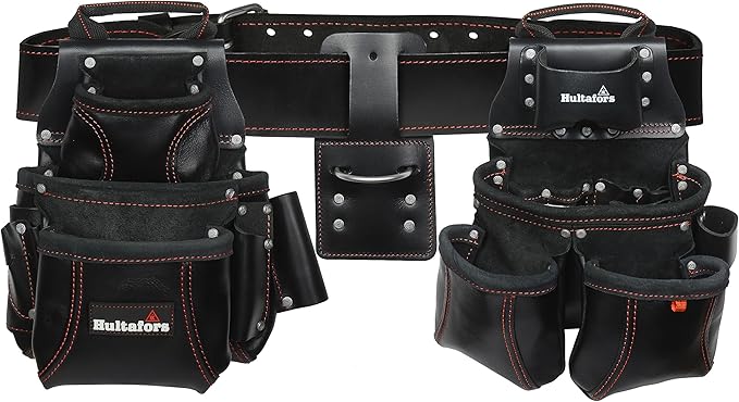 Hultafors Work Gear HT5449 4 Piece Premium Leather Pro-Framer's Combo System, Tool Belt, Double-Gusset Front Pockets, Molded Tape Holder, Leather Sleeves for Pry Bar, Combination Square, 18 Pockets