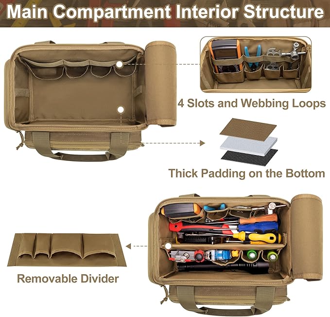12-Inch Tool Bag with Anti-friction Bottom, Hand Tool Storage Organizer Bag for Men, Tactical Range Bag, Multi-purpose Work Tote for Repairman, Electrician, Carpenters, Handyman, Khaki