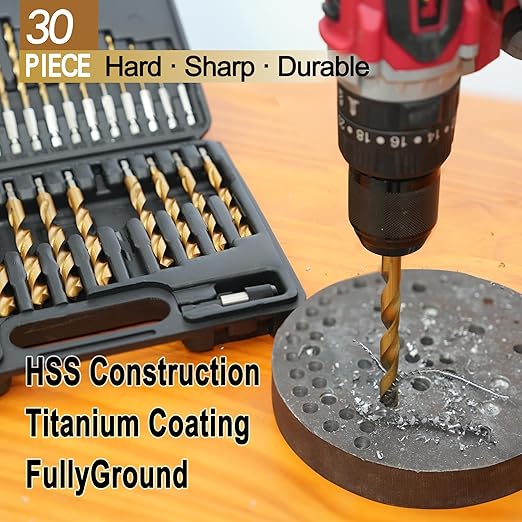 30 Pcs Titanium Impact Drill Bit Set, Hex Shank HSS Twist Drill Bits with Storage Case for Steel, Copper, Aluminum, Zinc Alloy, Wood and Plastics, Quick Change Design, 1/16"-1/2"