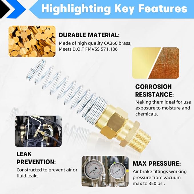 3/8??Hose x 1/2??Male Connector with Spring Guard, Dazakoot 2 Pack Air Brake Hose End Brass Fitting with 2 Pack 3/8??Sleeve Tube