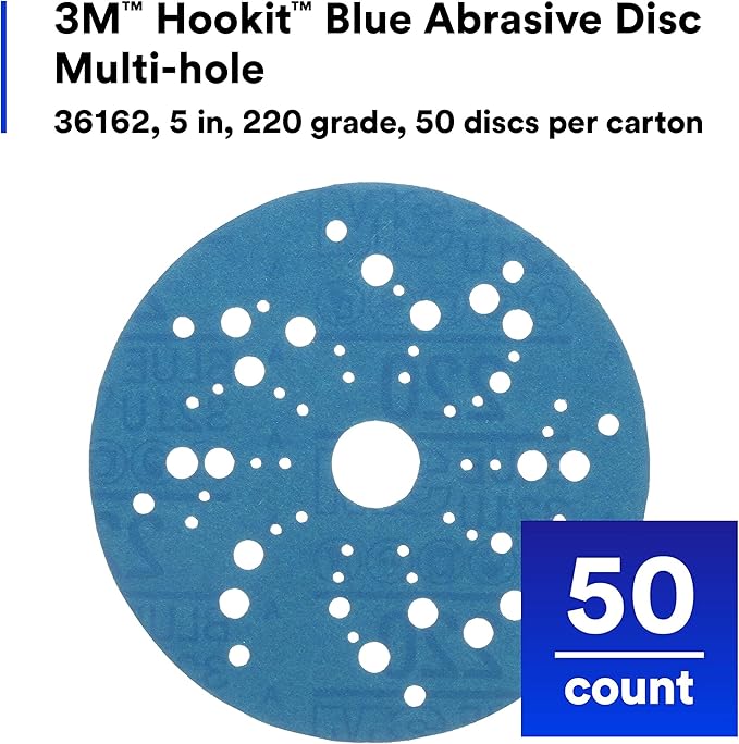 Hookit 3M Blue Abrasive Disc Multi-Hole, 36162, 5 in, 220 Grade, 50 Discs per Carton