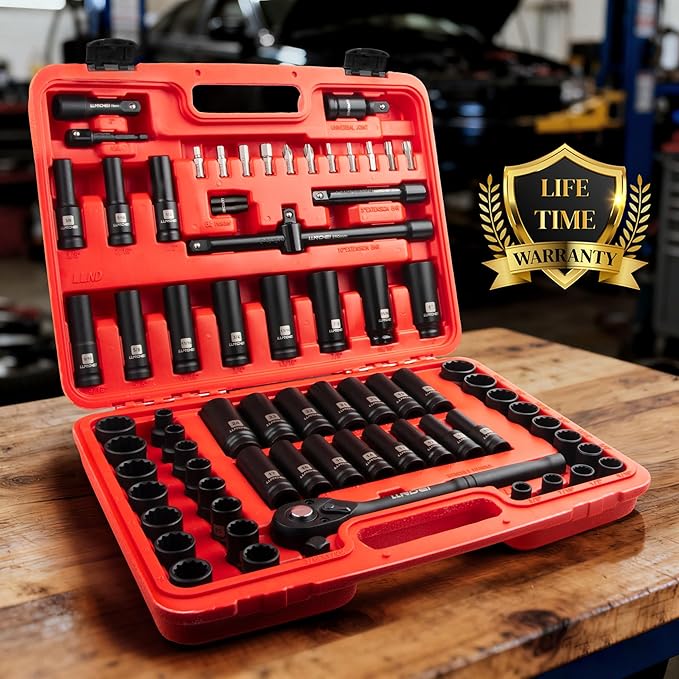 LLNDEI 72 Piece 1/2 Inch Drive Socket Set, 6 & 12 Point Impact Sockets, Deep & Shallow Sockets, Cr-V Steel, Metric & SAE, Including Extension Bars, Ratchet Handle, Adapters, Universal Joint, Bits Set