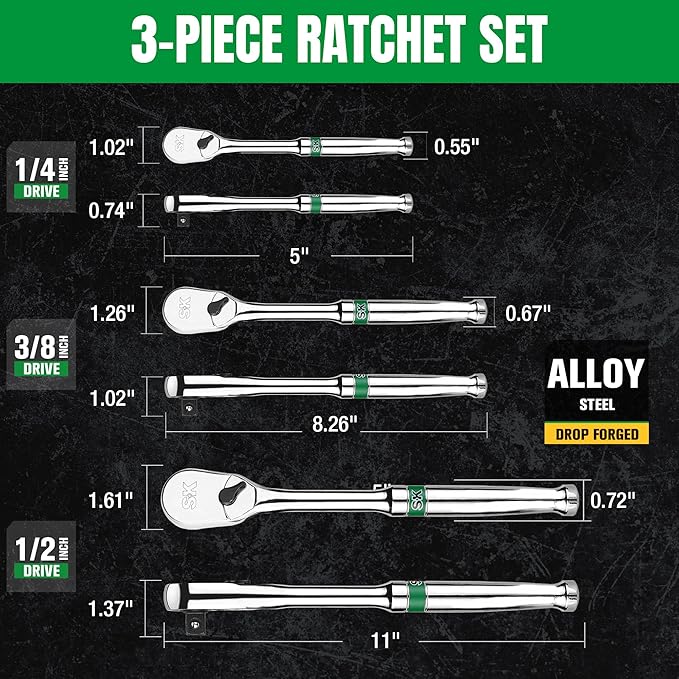 SK 3-Piece Ratchet Set, 1/4?? 3/8?? 1/2??Drive Ratchet, Pear Head, 90-Tooth, Alloy Steel, with Contoured Handle