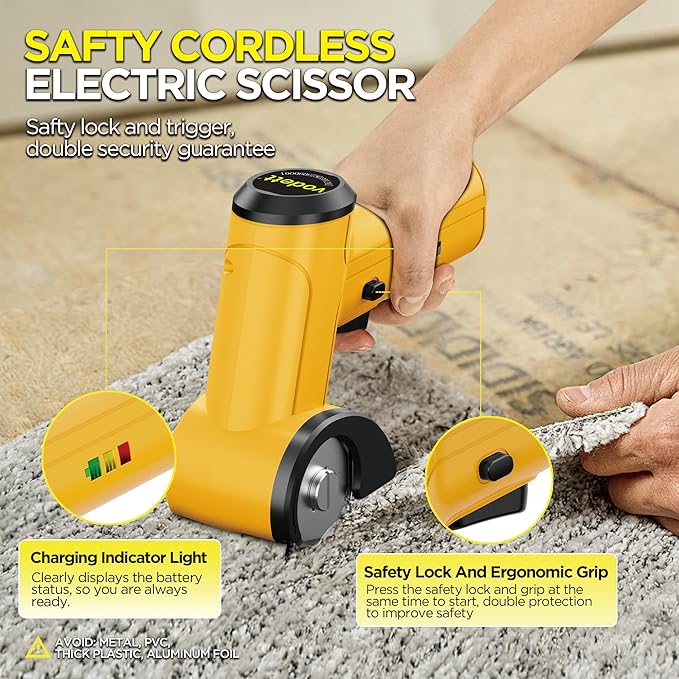 4V Cordless Electric Scissors, Rechargeable Cardboard Cutter with 2000mAh Battery, Safety Lock & 2 Blades ??Great Gift for DIY Crafts, Fabric, Leather Projects (Yellow)