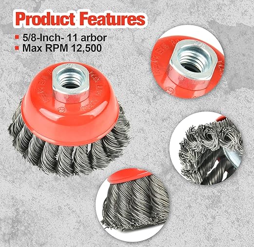 Aain 8 Piece-3 Inch Twisted Knotted Wheel Cup Brush with Heavy-Duty 5/8"-11 Threaded Arbor for Angle Grinder, Max RPM 12,500