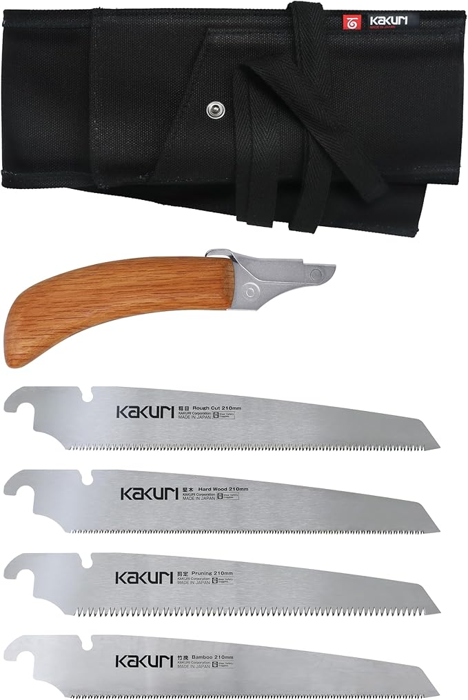 KAKURI Japanese Hand Saw Set - Compact Pull Saw [Rough Cut 8.2", Hardwood 8.2", Pruning 8.2", Bamboo Cutting 8.2"] - Red Oak Handle with Oil Finish, Canvas Carrying Case - Made in Japan