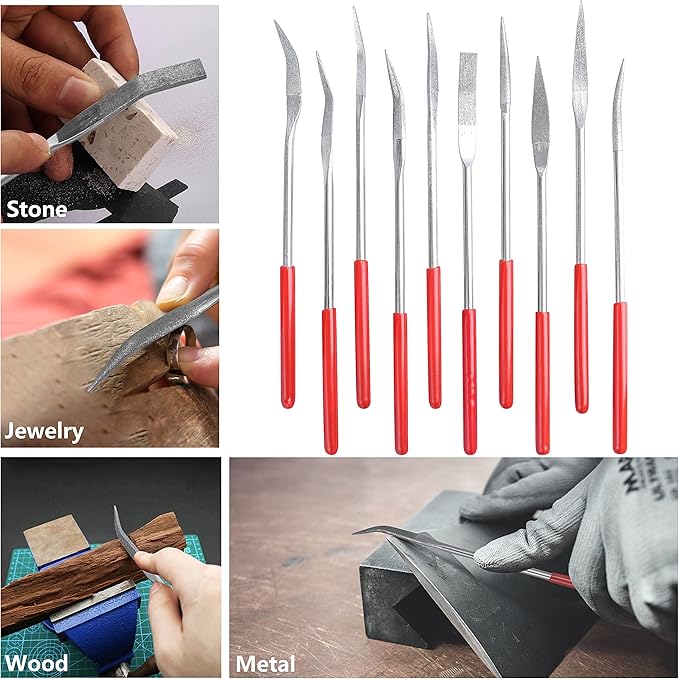 YAKAMOZ 10PCS Curved Mini Diamond Needle File Set Bent Small Metal Riffler Files Hand Tools for Glass Wood Stone Jewelry - Round Triangular Square Flat Shape 3x140mm