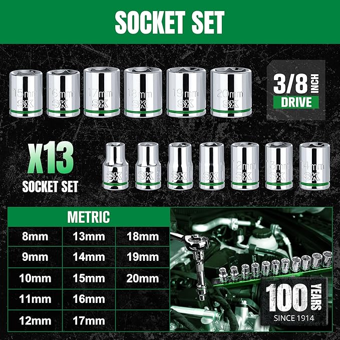 SK 3/8" Drive Socket Set, Metric Sockets, 13-Piece 8-20mm, SuperKrome Finish, Premium CR-V Construction, with Aluminum Socket Organizer