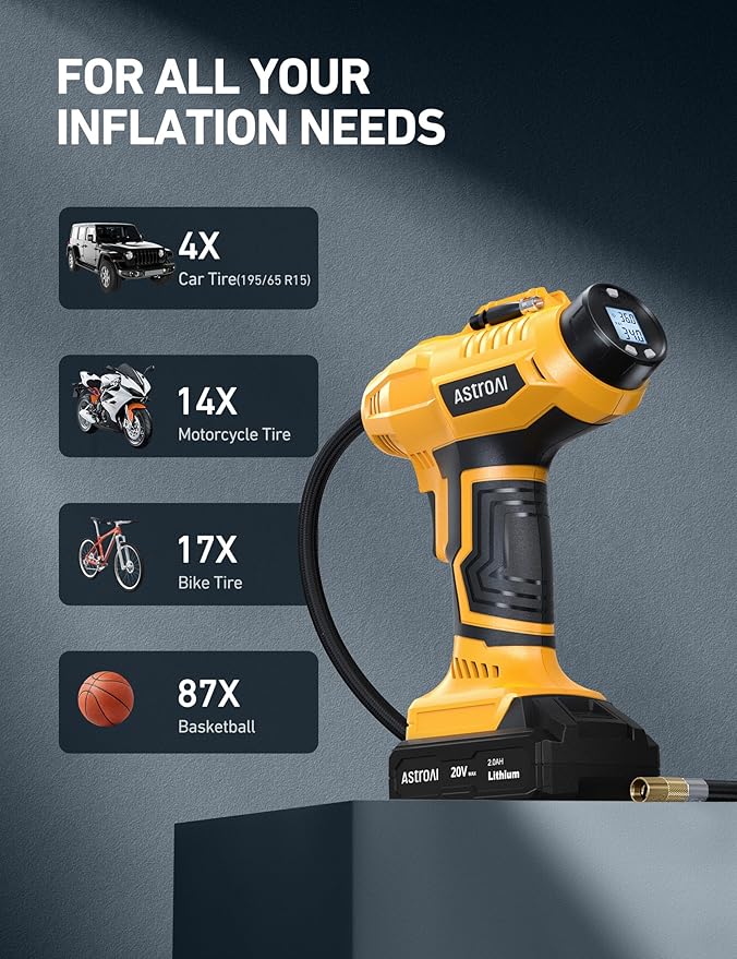 AstroAI Cordless Tire Inflator Air Compressor 20V Rechargeable Battery Powered 160PSI Portable Air Pump with 12V Car Power Adapter Digital Pressure Gauge for Cars Motorcycles JY16P160-18竊뉱2竊뎋ellow