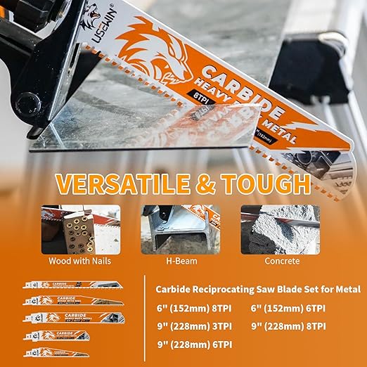 5 Pack Carbide Reciprocating Saw Blade Set, Premium Metal Blades Set for Nail Embedded Wood, Concrete, Heavy Metal, Cast Iron, Alloy Steel Cutting, Heavy-Duty for Demolition