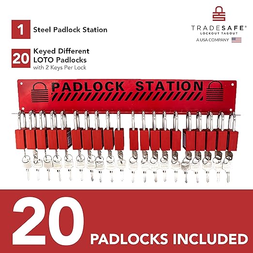 TRADESAFE Lockout Tagout Locks Station - Loto Station for Lockout Locks, Safety Padlock Rack with 20 Lock Out Tag Out Padlocks Keyed Different, 2 Keys Per Loto Lock