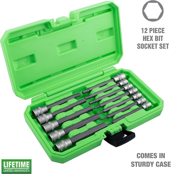 OEMTOOLS 23903 12 Piece Metric Magnetic Long Hex Bit Socket Set, Metric Hex Sockets, 1/4" and 3/8" Drive Long Metric Hex Socket Set, Allen Bit Sockets
