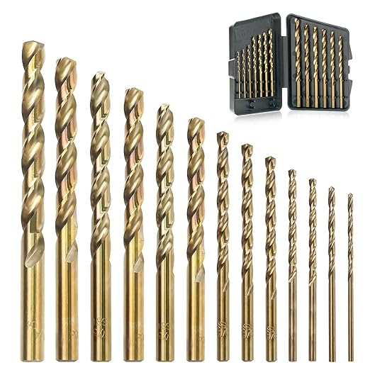 13Pcs Cobalt Drill Bit Set, M35 HSS, SAE (1/16" - 1/4"), 135째 Tip, Twist Jobber Length Drill Bit Kit for Hardened Metal, Stainless Steel, Cast Iron, Plastic and Wood, Indexed Storage Case