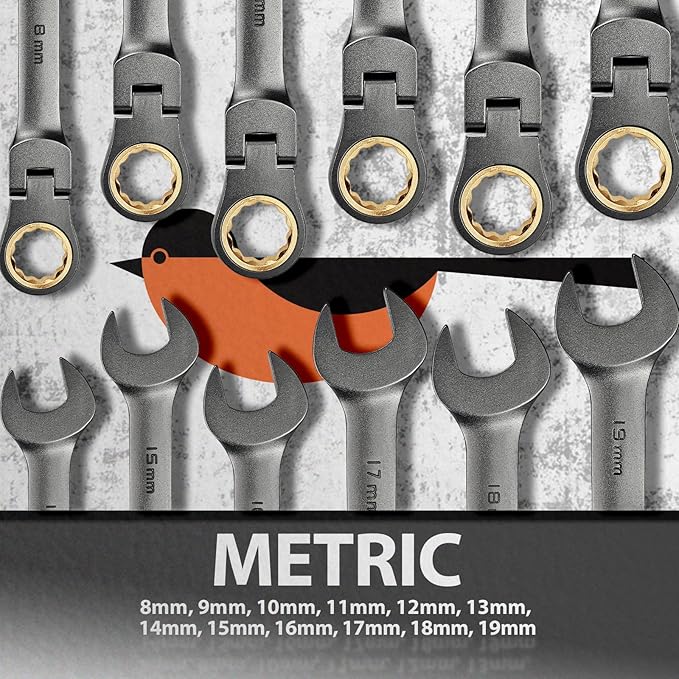 SUZUME 12-Piece (8mm-19mm) Flex Head Ratcheting Wrench Set with 72 Teeth 180째 Flex Head Metric Ratcheting Wrench Set Cr-V Steel Rust-Resistant Ratchet Wrenches Set For Bicycle, Motorcycle, Car