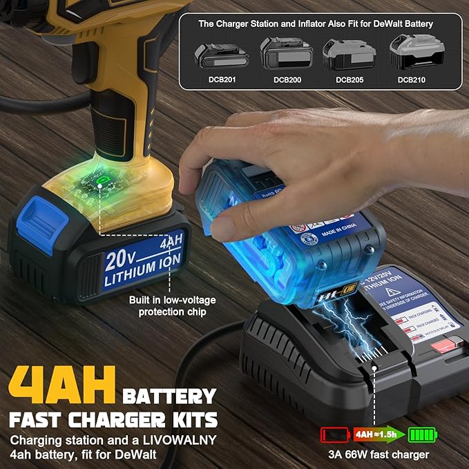 Tire Inflator Air Compressor Compatible With Dewalt 20V Battery, LIVOWALNY 160 PSI Cordless Portable Electric Air Pump with 4AH Baterry, Bigger LCD Digital Pressure Gauge for Car, Bike, Sport Ball