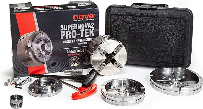 Nova 23108 Supernova 2 Premier Pro-Tek Chuck Bundle for Wood Lathe Turning with Pro-Tek 2" Jaws, 4" Bowl Jaws, 5" Bowl Jaws, Woodworm Screw, Case & Accessories, plus Nova ILNS 1-1/4" x 8tpi Insert