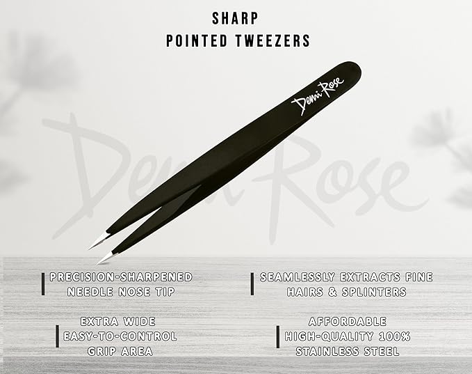 Pointed Tweezers - High Carbon Stainless Steel Fine Point Precision Tweezers for Ingrown Hair Removal - Perfectly Aligned Hand Filed Sharp Tweezer - Needle Nose Tweezers (Black)