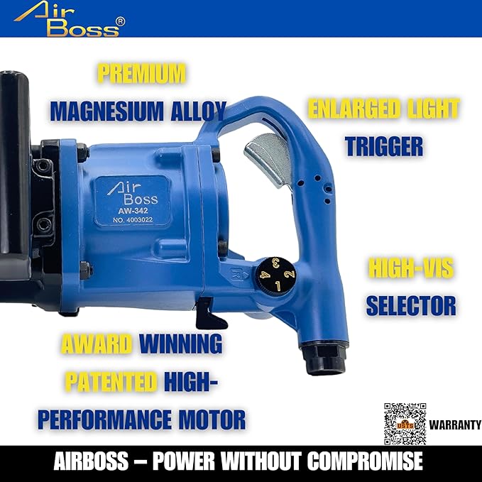 Airboss AW-342GS 1" Short Anvil US Germany Award Winning Premium Air Impact Wrench Heavy Duty 2730 ft-lb Nut Busting Torque 20 Pounds Lightweight High Performance (2730 ft-lb short anvil)