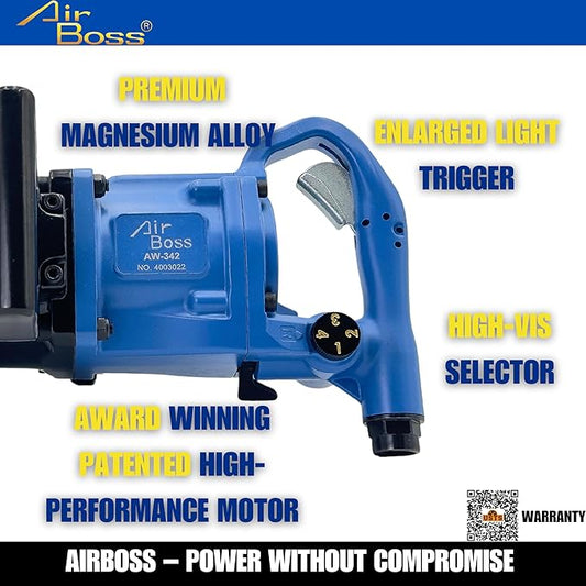 Airboss AW-342GS 1" Short Anvil US Germany Award Winning Premium Air Impact Wrench Heavy Duty 2730 ft-lb Nut Busting Torque 20 Pounds Lightweight High Performance (2730 ft-lb short anvil)