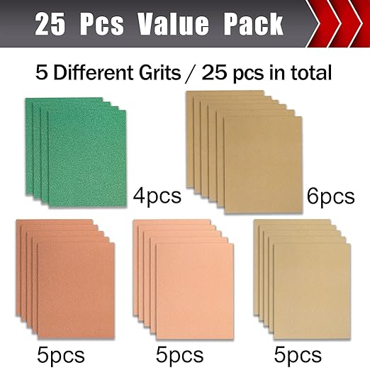 25 PCS Sandpaper, Sandpaper Assortment for Wood Metal Furniture Hand Sander Sand Paper 80/120/150/220/320 Grit Sandpaper Sheets Cut for Use 9" x 11"