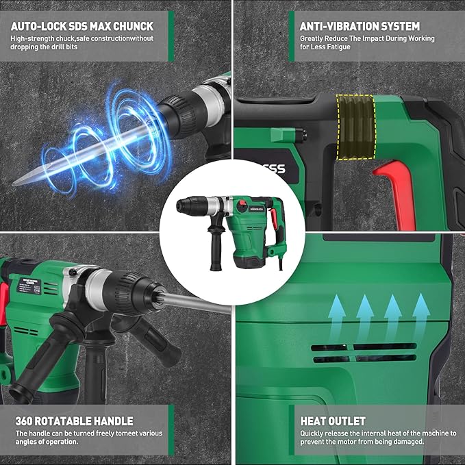 1-1/2 Inch SDS-MAX Heavy and Duty Rotary Hammer Drill: 13 Amp Corded Hammers Drill - Hammers Drill for Concrete Demolition Chipping, 3 Functions, 6 Speeds, Safety Clutch, 2 Chisel