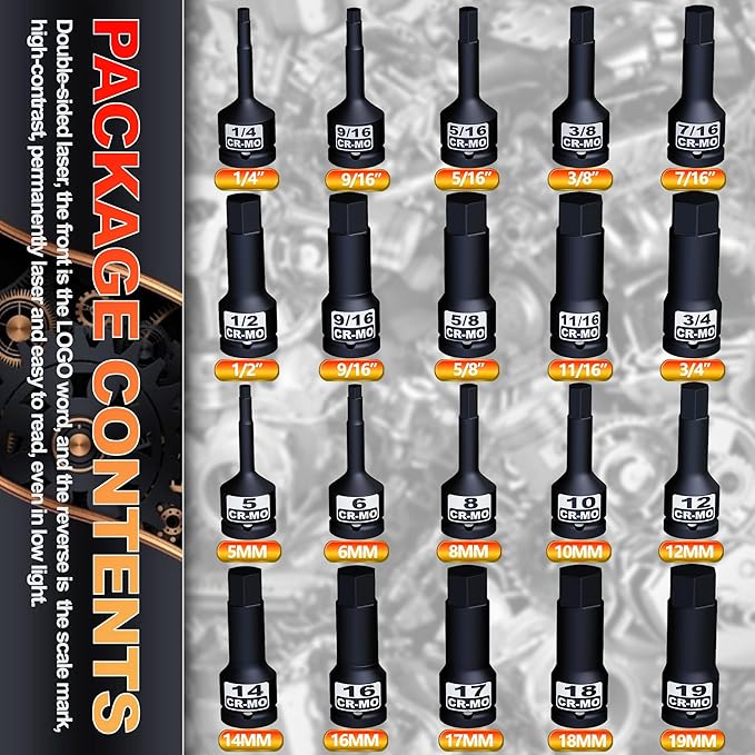 1/2" Drive Master Impact Hex Bit Socket Set, Metric & SAE, 20-Piece 1/2 Inch Drive Impact Allen Bit Socket Set, 5mm - 19mm & 1/4" - 3/4", Cr-Mo Steel, Heavy Duty Storage Case