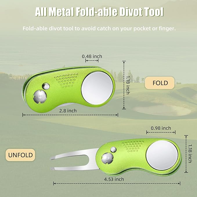 Mile High Life Golf Divot Repair Tool, All Metal Foldable Divot Tool with Pop-up Button & Magnetic Ball Marker