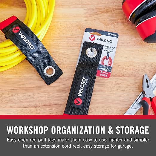 Velcro Brand Easy Hang Extension Cord Organizer Holder | Large 18" Heavy Duty Straps for Garage Organization and Storage Grommet Hangs Easily on Wall Hooks or Nails 2pk, Holds 100bs, Black