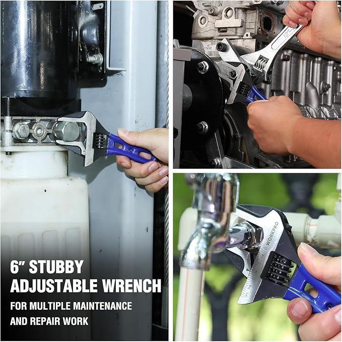 WORKPRO 6-Inch Stubby Adjustable Wrench, 1.5-Inch Extra Wide Jaw Opening Wrench, Metric/SAE Scales, Cr-V Steel, Ideal for Work in Confined Spaces