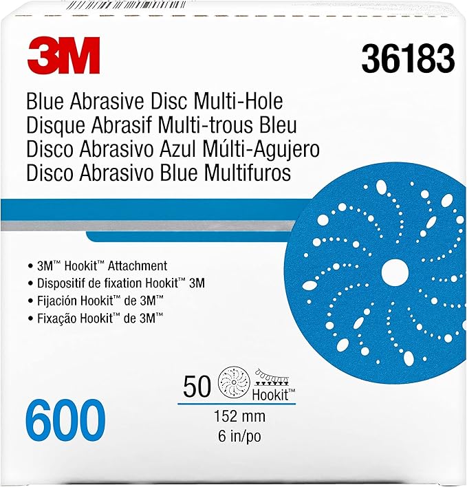 3M Hookit Blue Abrasive Discs 36183, Multi-Hole, Blend Preparation, Paint Preparation, 6 in, 600 Grade, 50 Discs/Carton