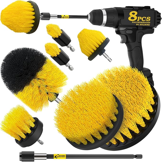 Holikme 8 Piece Drill Brush Attachments Set, Power Scrubber with Extend Long Attachment竊똂leaning Supplies for Bathtub, Shower, Grout, Tile(Yellow)