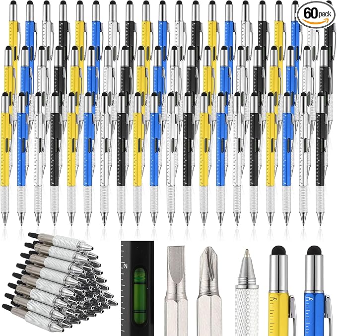 Yeaqee 60 Pcs Stocking Stuffers Bulk Gifts for Men 6 in 1 Party Favor Father's Christmas White Elephant Gifts Multi Tool Pens with Ruler, Level Gauge for Adult (Novel Color)