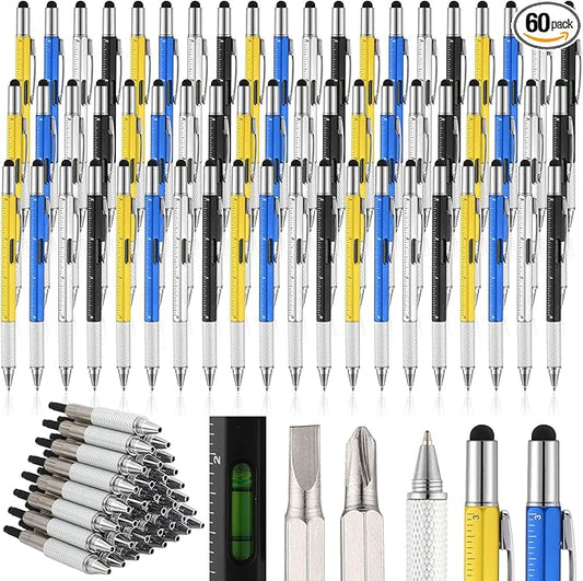 Yeaqee 60 Pcs Stocking Stuffers Bulk Gifts for Men 6 in 1 Party Favor Father's Christmas White Elephant Gifts Multi Tool Pens with Ruler, Level Gauge for Adult (Novel Color)