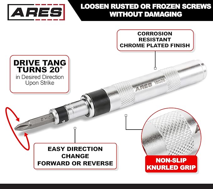 ARES 18026-1/4-Inch Drive Manual Reversible Impact Driver - Includes 6-Piece Flathead, Phillips, and Spiral Screw Extractor Bit Set - Disengage Rusted Fasteners or Frozen Bolts - Compact Design