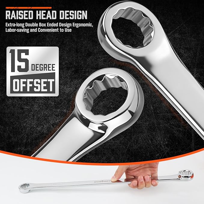 HORUSDY 8-Piece Extra Long Double Box-End Wrench Set, 12-Point Metric 8??4 mm, CR-V Steel, 15째 Offset, Off-Corner Loading, with EVA Foam Organizer