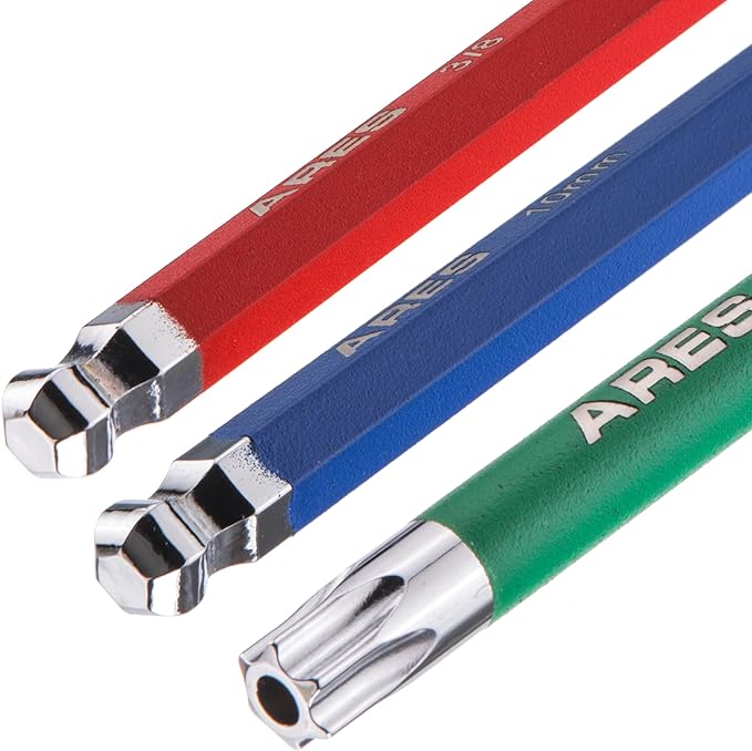 ARES 44035 ??35-Piece Long Arm Hex and Star Key Set ??Allen Wrench Set - SAE, Metric, and Torx Key Wrench Sizes - Chrome Finish with High Visibility Anti-Slip Coating - Storage Holders Included
