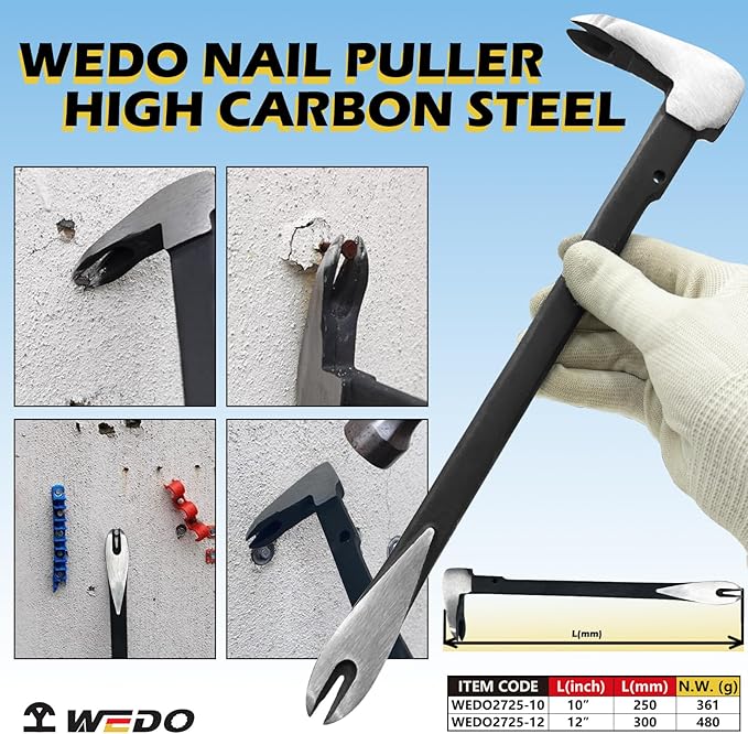 WEDO Pry Bar Set 2PCS,10"+12" Flat Pry Bar,Nail Puller Set,High Carbon Steel Crowbar,Cat Paw Nail Remover,Utility Claw Bar Tool for Home Remolding,Woodworking
