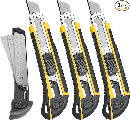 DOWELL Utility Knife Box Cutter Retractable Self Loading Heavy Duty Snap Off Quick Change Extra Blades(3PCS) TPR+PP Handle Cutting Cardboard Boxes or DIY 3Pack